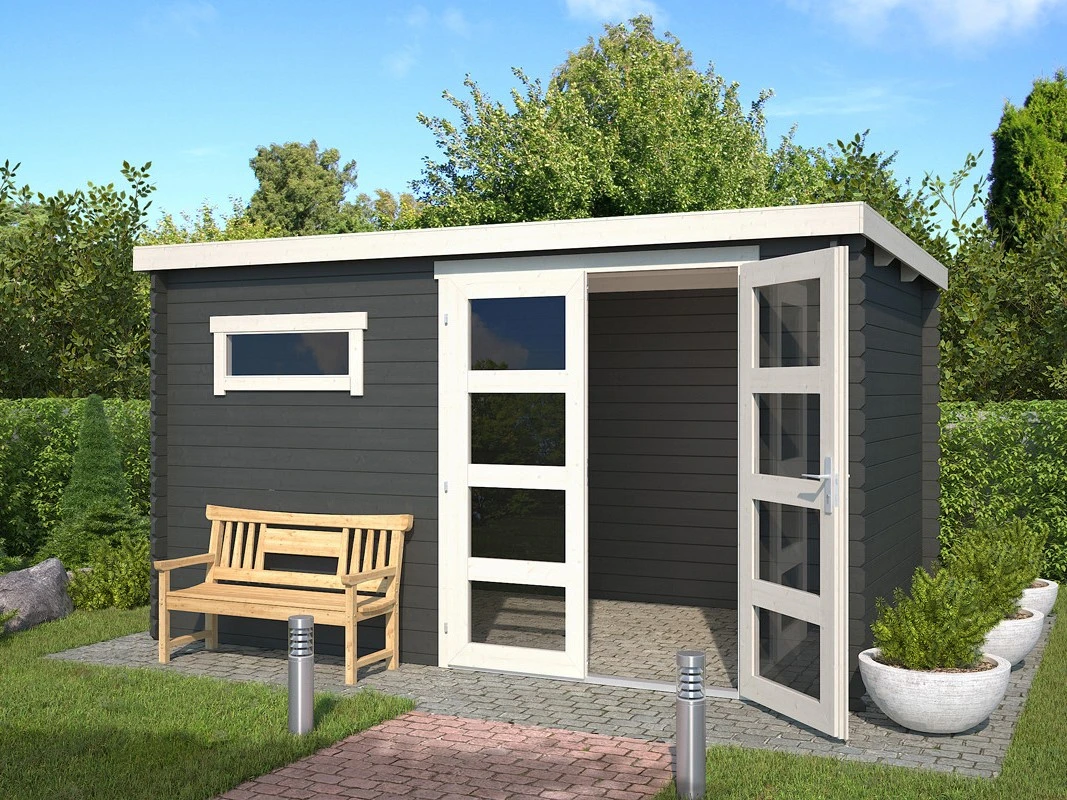 Outdoor Life Blokhut Timian Carbon Grey-Wit 380 x 230 cm - Afbeelding 1